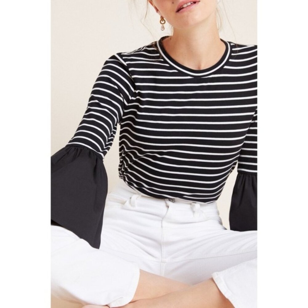 Anthropologie Adele Puff Bell Sleeve Top Black White Striped Size L